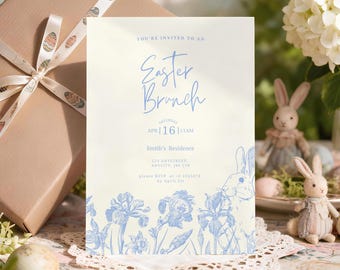 Easter Brunch Invitation Template, Printable, Neutral Blue Bunny Floral Easter Brunch, Editable Easter Invitation, Spring Brunch Invite