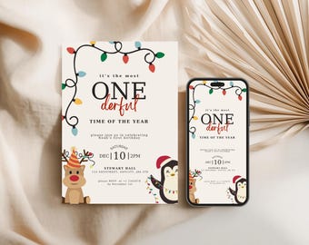 Convite de primeiro aniversário de Natal | Uma época maravilhosa do ano | Convite de luzes natalinas com rena e pinguim | Download digital editável