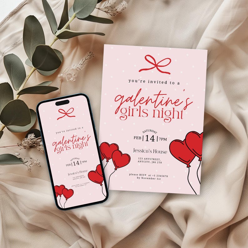 Op de afbeelding: Een roze Galentine's Girls Night uitnodiging en een smartphone met hetzelfde ontwerp. De uitnodiging toont rode hartballonnen, een strik en de tekst "You're invited to a Galentine's Girls Night". De datum is 14 februari.