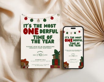May include: A festive invitation and a smartphone display the text "IT'S THE MOST ONE DERFUL TIME OF THE YEAR." The invitation includes details for Joshua's first birthday, with gift illustrations and a string of lights.