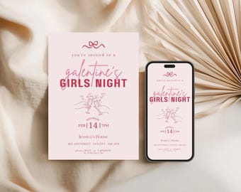 Galentine's Girls Night-uitnodiging, bewerkbare feestuitnodiging, Pink Girls Night Out-sjabloon, direct downloaden, uitnodiging Valentijnsfeestje