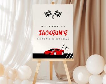 Two Fast Birthday Welcome Sign, Race Car Party Sign, Editable Second Birthday Decor, Red Car Welcome Poster, 2 Fast Birthday Printable