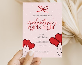 Galentine’s Girls Night Invitation, Editable Galentine’s Invite, Valentine Party Invite, Girls Night Out Template, Pink Hearts Printable