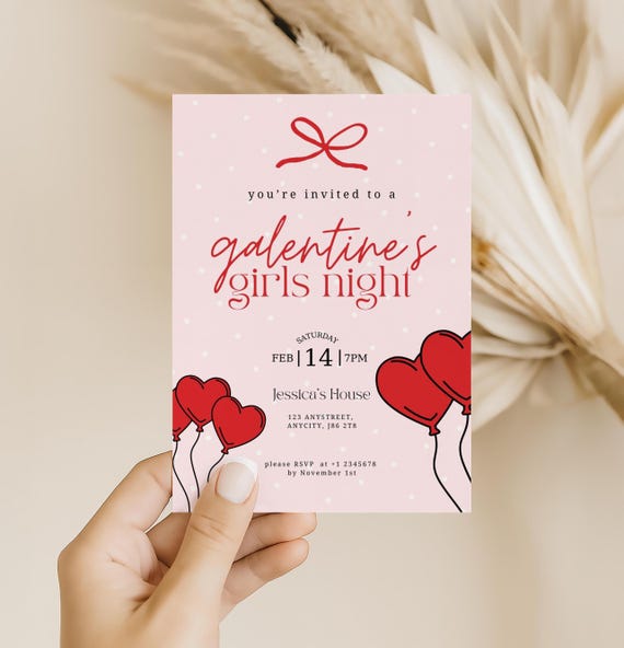 Galentine’s Girls Night Invitation, Editable Galentine’s Invite, Valentine Party Invite, Girls Night Out Template, Pink Hearts Printable