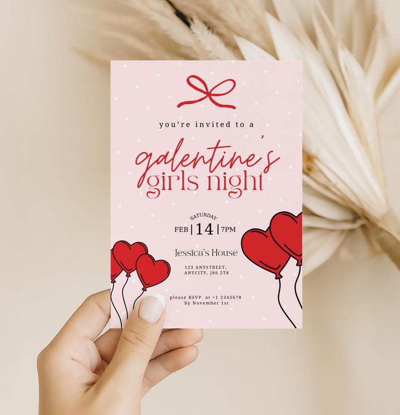 Galentine's Girls Night-uitnodiging, bewerkbare Galentine's Invite, Valentine Party Invite, Girls Night Out-sjabloon, afdrukbare roze harten afbeelding 1