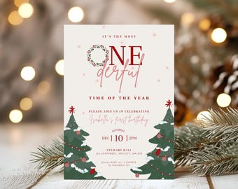 É a época mais encantadora do ano Convite de aniversário, convite de primeiro aniversário de Natal para meninas, modelo editável, festa de inverno