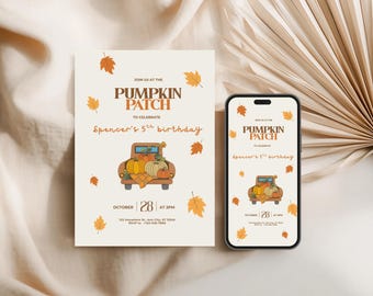 May include: An invitation and a smartphone display a fall-themed design. The text reads "Pumpkin Patch" and "Spencer's 5th birthday." A brown truck carries pumpkins. Orange and yellow leaves are scattered around the design.