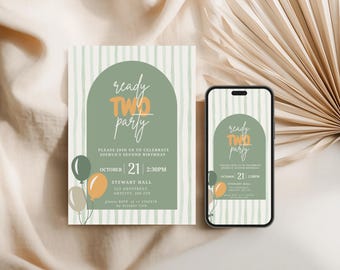 Könnte beinhalten: Eine Geburtstagseinladung mit dem Text "ready TWO party" in Grün und Orange, mit Luftballons und Veranstaltungsdetails. Ein Smartphone zeigt das gleiche Design. Die Einladung befindet sich auf hellem Hintergrund.