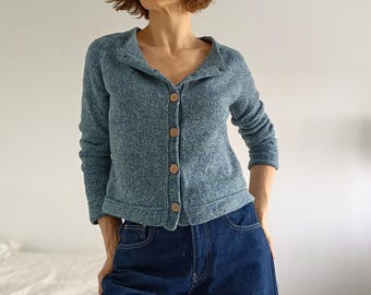 Handmade Merino Wool Cardigan, Soft Blue Button Up Sweater, S-M