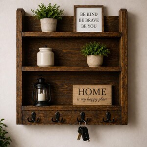 May include: A dark brown wooden wall shelf with three tiers and four black metal hooks at the bottom. The shelf holds two potted green plants, a white jar, a black lantern, and two wooden signs with the text BE KIND BE BRAVE BE YOU and HOME is my happy place. A set of keys hangs from one hook.