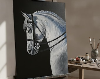 Handmade White Horse Oil Painting: Textured Equestrian Wall Art Canvas Decor