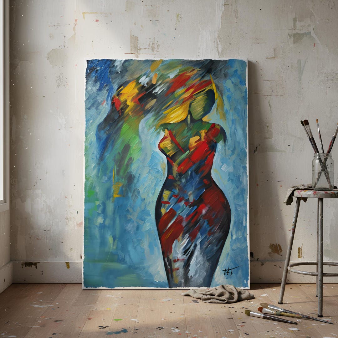 Abstract Female Figure Oil Painting Vibrant Colorful Modern Wall Art ...