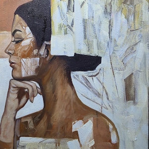 Original Oil Painting: Abstract Realism Woman Portrait, Neutral Decor (15x24)