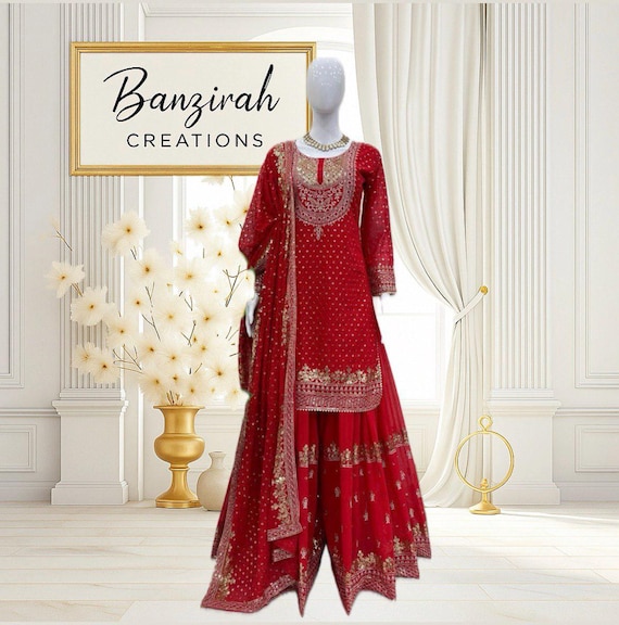 Red Embroidered Sharara Suit: Indian Wedding Outfit With Dupatta - Etsy New  Zealand