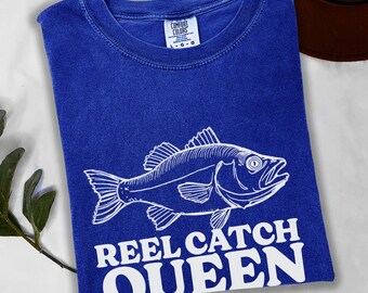 Reel Catch Queen Fishing T-Shirt, Funny Fisherwoman Sweatshirt, Bass Fish Lover Tee, Unique Outdoor Angler Gift for Her, Lake Life Apparel