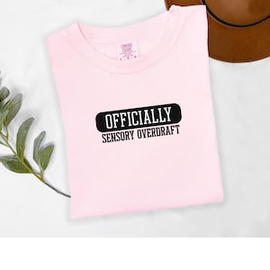 Könnte beinhalten: Ein hellrosa T-Shirt mit dem schwarzen Schriftzug "OFFICIALLY SENSORY OVERDRAFT" in einem schwarzen Rechteck. Das T-Shirt ist gefaltet, im Hintergrund ist ein brauner Hut zu sehen. Das T-Shirt hat ein Comfort Colors-Etikett.
