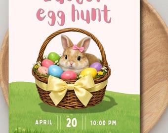 Invitación a la búsqueda de huevos de Pascua / Plantilla editable de Canva / Invitación imprimible de conejito / Descarga instantánea