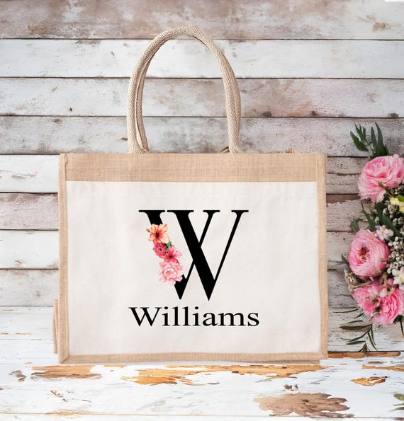Custom Floral Initial Jute Bag, Personalized Bridesmaid Gift