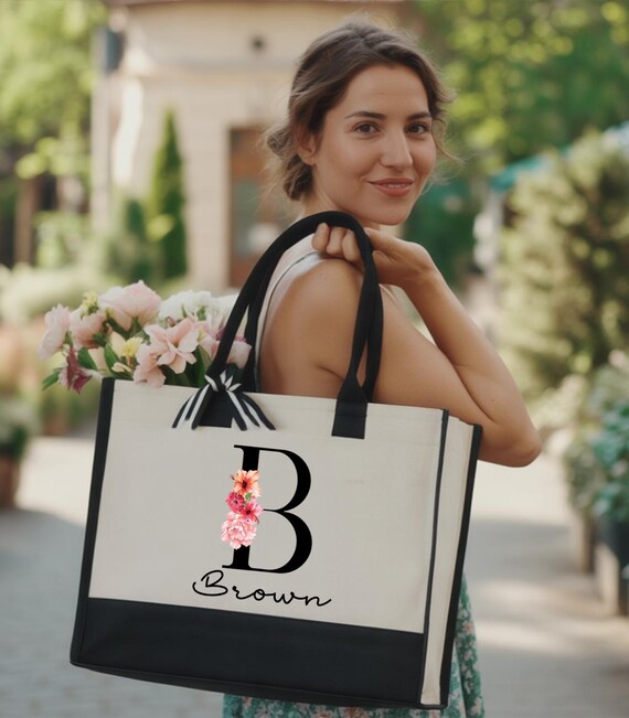 Personalized Floral Initial Tote Bag, Bridesmaid Gift