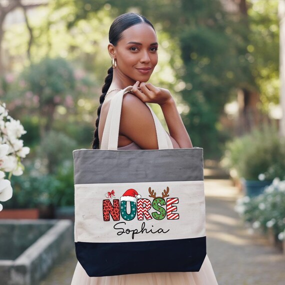 Personalized Nurse Christmas Tote Bag, Tri-Color Cotton 11L