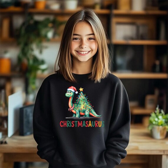 Christmasaurus Youth Sweatshirt, Dinosaur Christmas Tree Hoodie