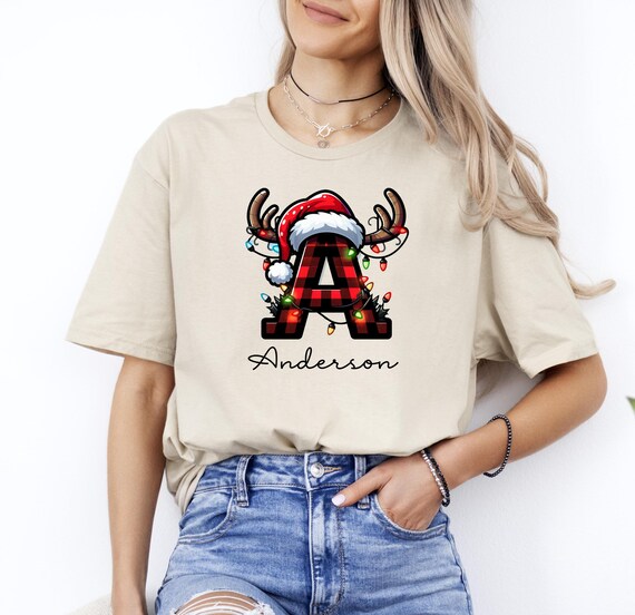 Custom Christmas Initial T-Shirt, Personalized Name Xmas Tee