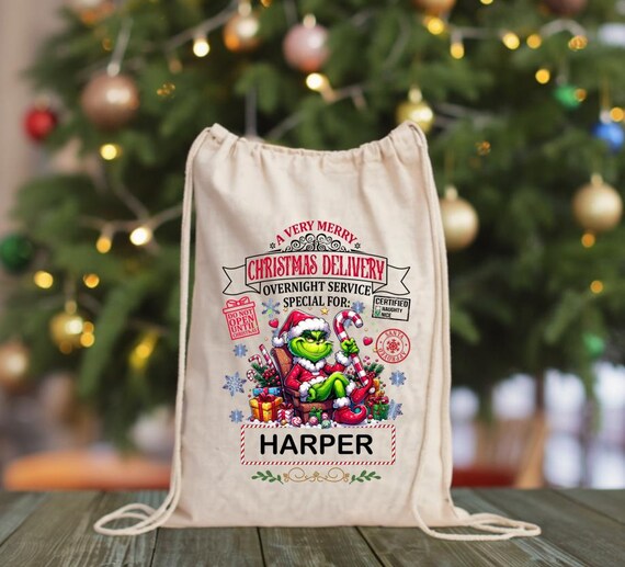 Personalized Grinch Christmas Santa Sack, Custom Xmas Gift Bag
