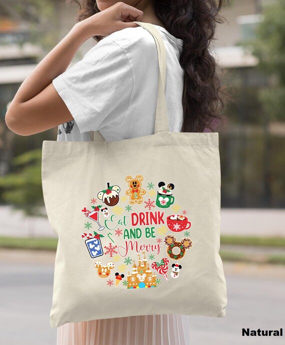 Disney Christmas Tote Bag, Disney Snacks Christmas Tote Bag, Disneyland Xmas Trip Bag, Eat Drink And Be Merry Xmas Bag, Christmas Gift