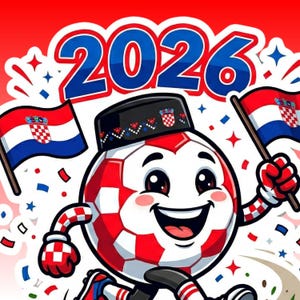 Croatia soccer mascot t-shirt design with red white checkerboard pattern and 2026 text, football fan apparel