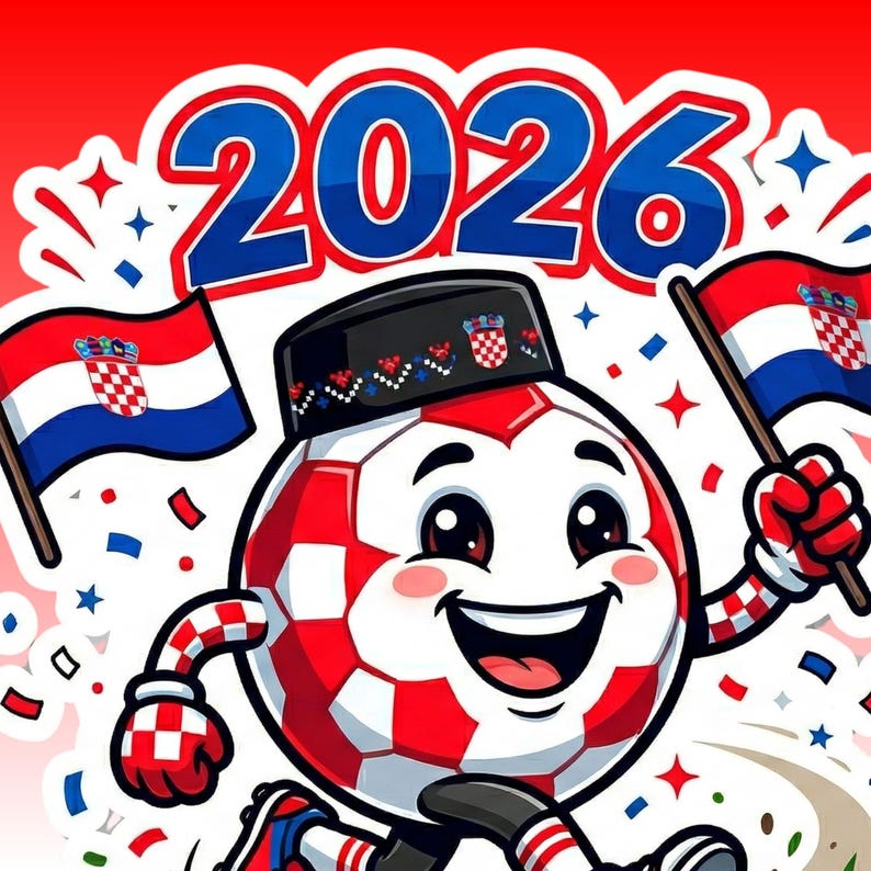 Croatia soccer mascot t-shirt design with red white checkerboard pattern and 2026 text, football fan apparel