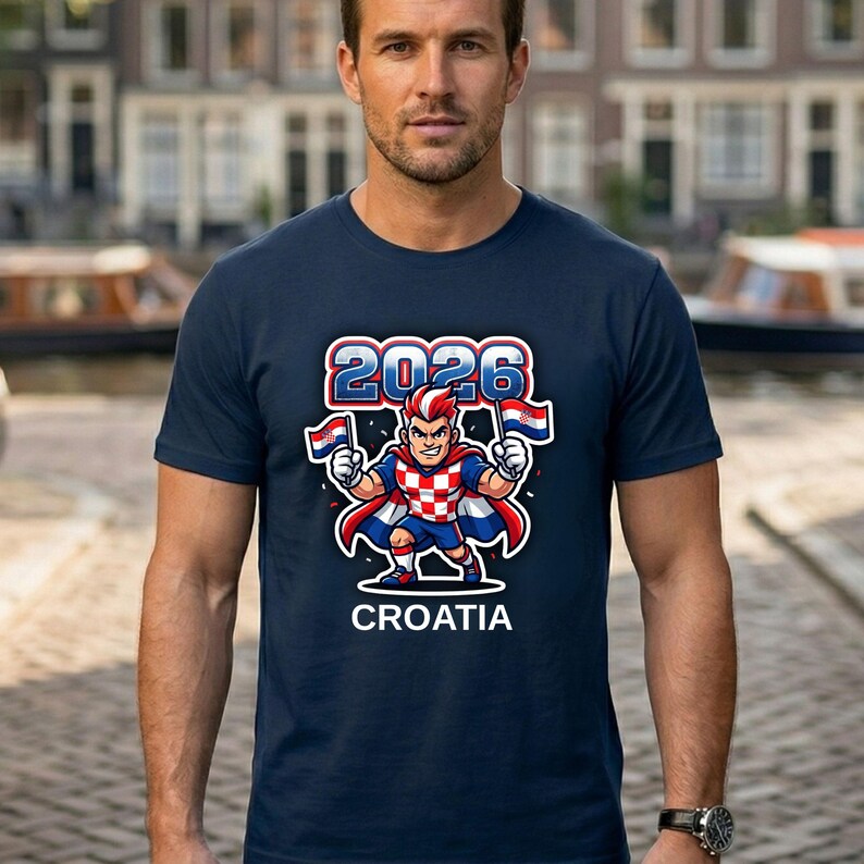 Puede incluir: Camiseta azul marino con un personaje de dibujos animados con los colores de Croacia, sosteniendo banderas y el texto "2026" encima de "CROATIA". El dise&ntilde;o est&aacute; centrado en la camiseta.