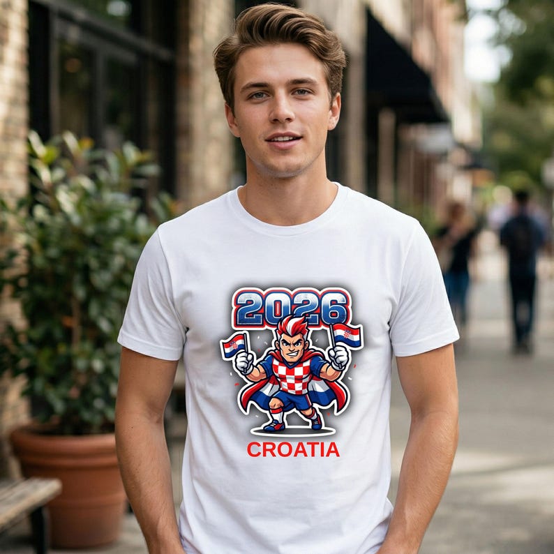 Puede incluir: Camiseta blanca con un dise&ntilde;o de dibujos animados con el texto "2026" y "CROATIA". El personaje de dibujos animados sostiene dos banderas croatas. El dise&ntilde;o es en rojo, blanco y azul.