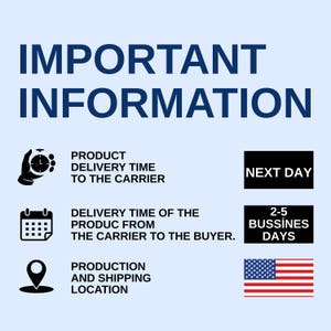 Pode incluir: Imagem com o texto "INFORMA&Ccedil;&Otilde;ES IMPORTANTES". Inclui &iacute;cones e texto sobre o tempo de entrega do produto, o tempo de entrega ao comprador e o local de produ&ccedil;&atilde;o e envio. Tamb&eacute;m inclui o texto "NEXT DAY" e "2-5 BUSSINES DAYS".