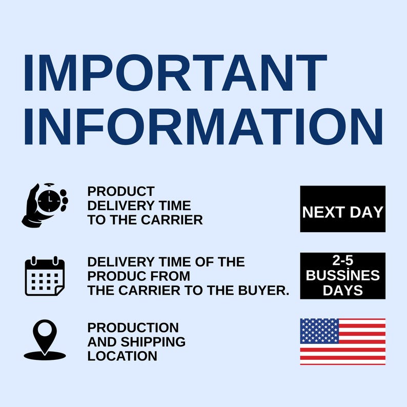 Pode incluir: Imagem com o texto "INFORMA&Ccedil;&Otilde;ES IMPORTANTES". Inclui &iacute;cones e texto sobre o tempo de entrega do produto, o tempo de entrega ao comprador e o local de produ&ccedil;&atilde;o e envio. Tamb&eacute;m inclui o texto "NEXT DAY" e "2-5 BUSSINES DAYS".