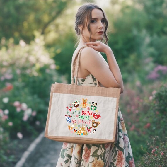 Disney Christmas Jute Bag, Disney Snacks Christmas Jute  Bag, Disneyland Xmas Trip Jute Bag, Christmas Gift, Eat Drink And Be Merry Xmas Bag