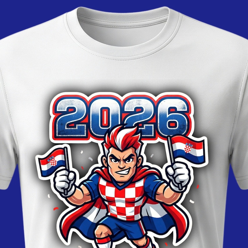 Puede incluir: Camiseta blanca con un gr&aacute;fico de dibujos animados de un personaje con pelo rojo y blanco, una capa y una bandera croata. El n&uacute;mero "2026" se muestra encima del personaje. El personaje sostiene dos banderas croatas.
