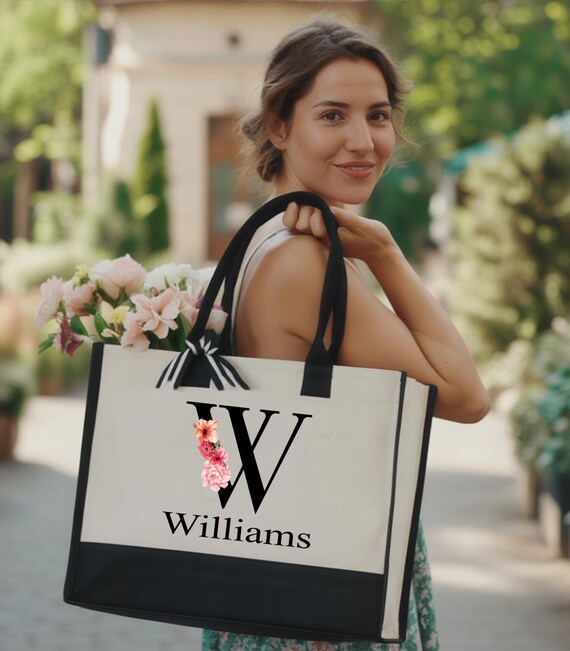 Custom Floral Initial Tote Bag, Personalized Family Name