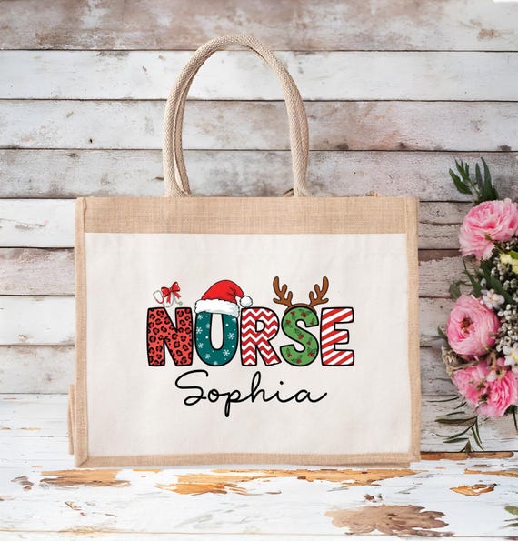 Custom Christmas Nurse Jute Tote Bag, Xmas Gift