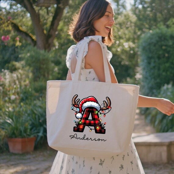 Custom Christmas Initial Tote Bag, Xmas Gift