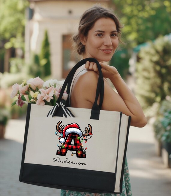 Custom Christmas Initial Tote Bag, Personalized Xmas Gift