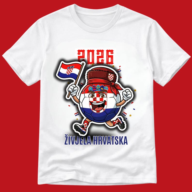 May include: White t-shirt with a cartoon soccer ball character in the Croatian flag design, holding a flag and running. The text "2026" is above the character, and "ŽIVJELA HRVATSKA" is below.
