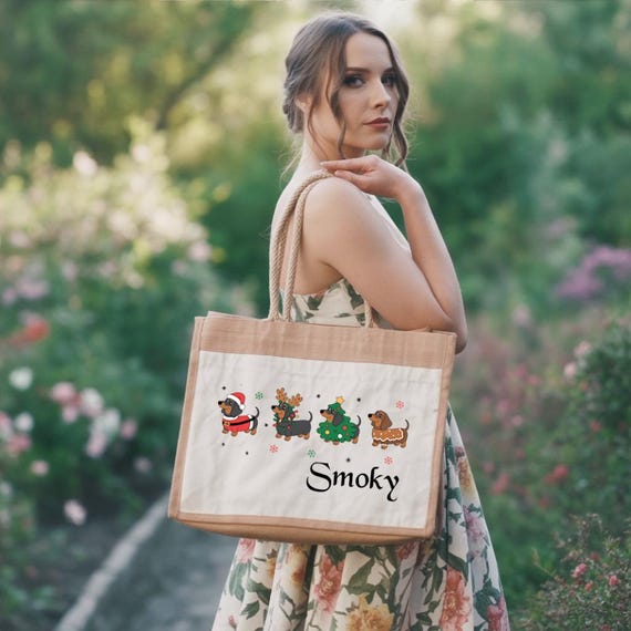 Custom Christmas Dachshund Jute Bag, Personalized Dog Name Xmas Gift