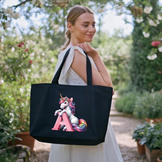 Custom Unicorn Initial Tote Bag, Personalized Cotton Bag