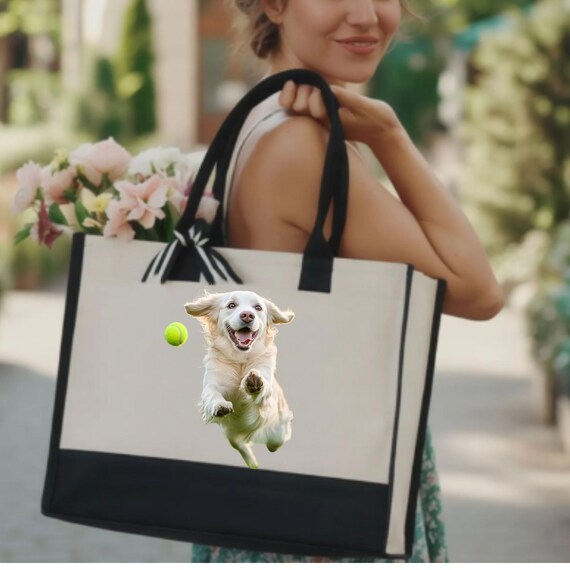 Golden Retriever Canvas Tote Bag, Flying Dog, Tennis Ball