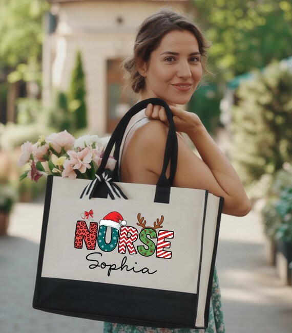 Custom Nurse Christmas Tote Bag, Personalized Xmas Gift