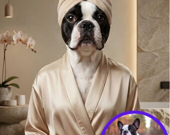 Custom Pet Portrait, Funny Spa Dog Wall Art, Bathrobe Pet Gift