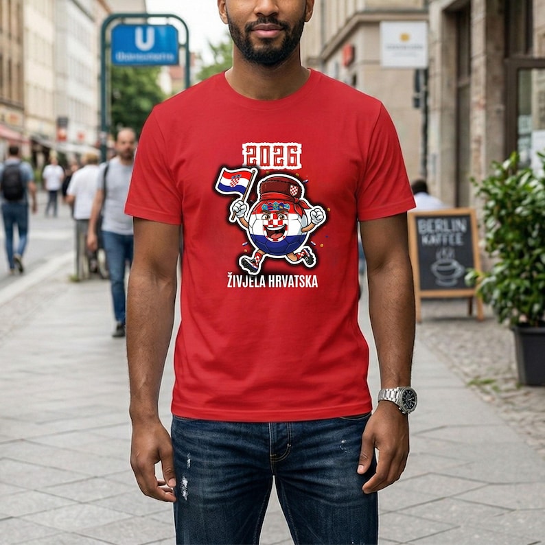 May include: Red t-shirt with a cartoon soccer ball character holding a Croatian flag, the text "2026" and "ŽIVJELA HRVATSKA". The character wears a hat. The shirt is worn by a person. The text is in white.