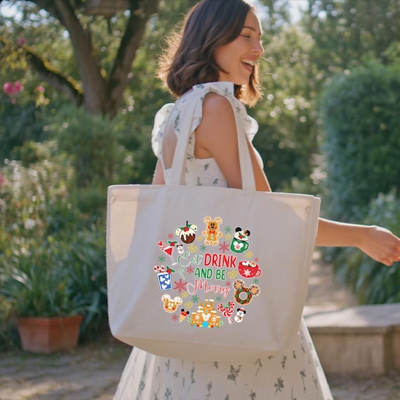 Disney Christmas Tote Bag, Disney Snacks Christmas Tote Bag, Disneyland Xmas Trip Bag, Eat Drink And Be Merry Xmas Bag, Christmas Gift