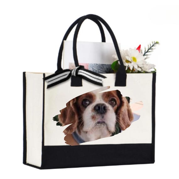 Toy Poodle Print Tote Bag, Jute Fabric Shopping Bag