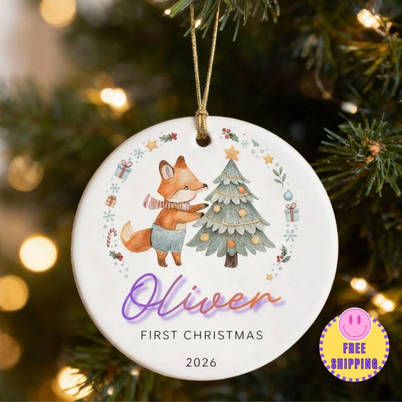 Personalized Baby's First Christmas Ornament, Fox Ceramic Bauble